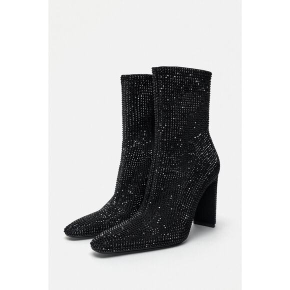 NWT ZARA Women’s Black Rhinestone Heeled Ankle Boots Size 8.5 US 38-39 EU - Picture 4 of 16